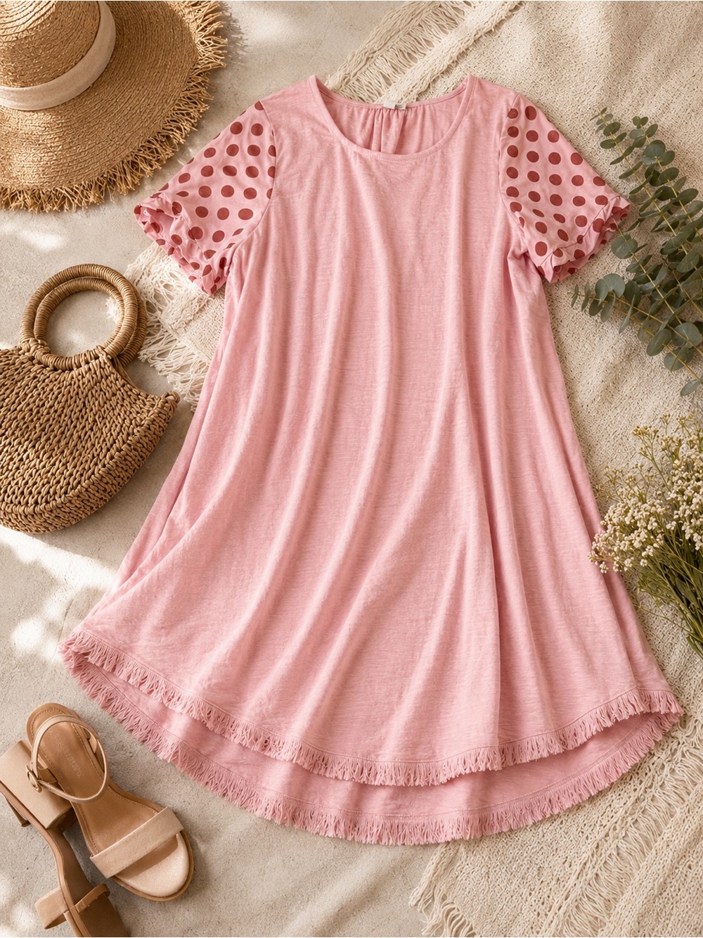 Umgee Pink Polka Dot Sleeve Fringe Hem Swing Dress Size Medium Boho Cotton
